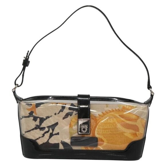 Salvatore Ferragamo Gancini Shoulder Bag Vinyl Black Beige Silver Auth 134739 - Picture 2 of 16